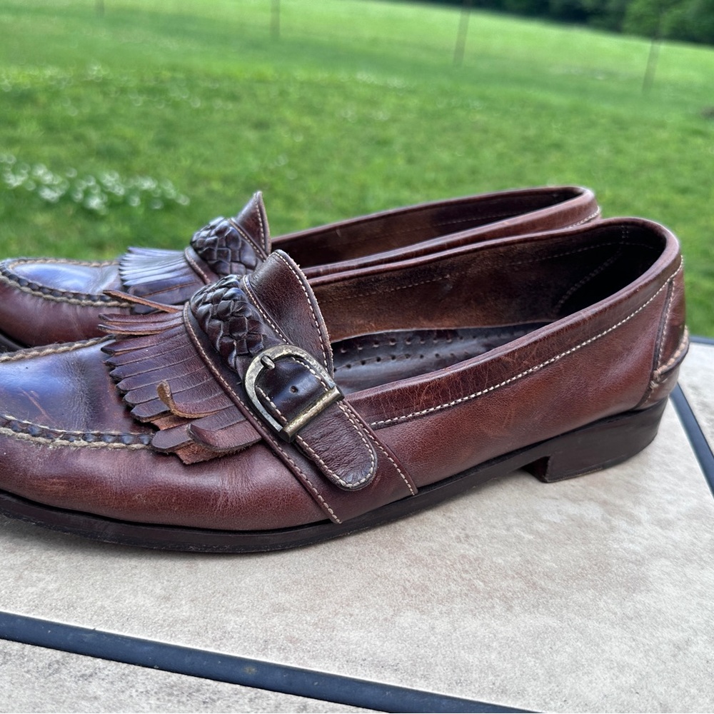 Cole Haan Brown Leather Kiltie Tassel Loafers with Buckle